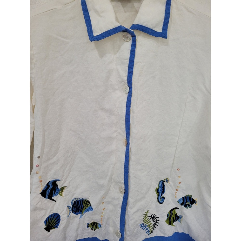 Dressbarn Womens‎ White Blue Embroidered Fish Seascape Button Down Shirt #9 - Picture 2 of 6